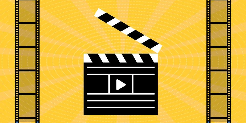Image of Clapperboard with start button. Cinema screen and film strip. Cinema Illustrazione stock