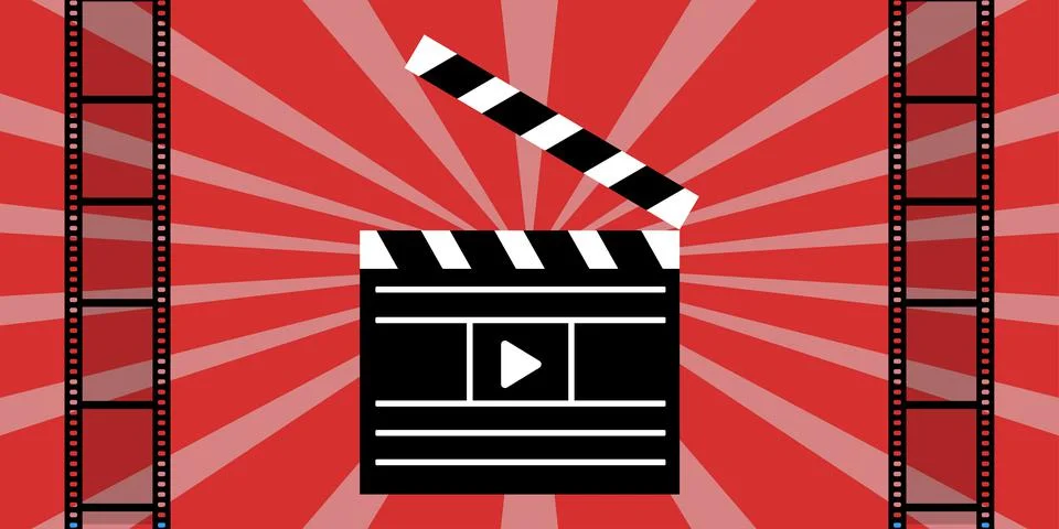 Image of Clapperboard with start button. Cinema screen and film strip. Cinema イラスト素材