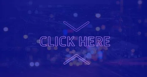 Image of click here neon text banner against night city traffic Stock Photos