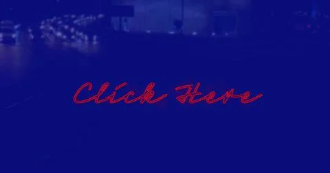Image of click here text over cityscape at night on blue background Stock Photos