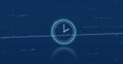 Image of clock and data processing over dark background Foto stock