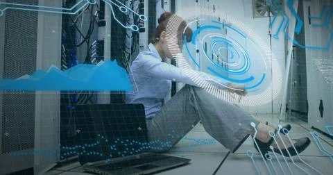 Image of clock and data processing over man using computer Stock Photos