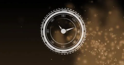 Image of clock and digital data processing over glowing spots on dark background Stock Photos