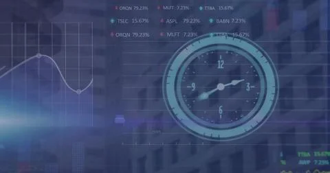 Image of clock and financial data processing over cityscape Foto stock