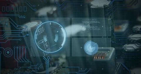 Image of clock and globe over data processing on purple background Stock Photos