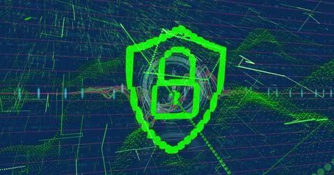Image of clock and security padlock over digital interface イラスト素材