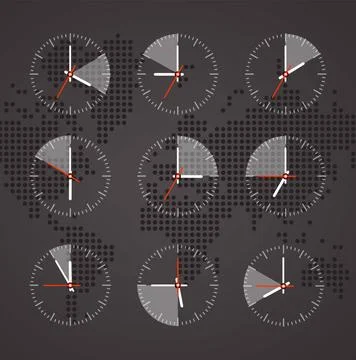 Image of a clock on a background map of the world with continents dark ton... Stock Photos