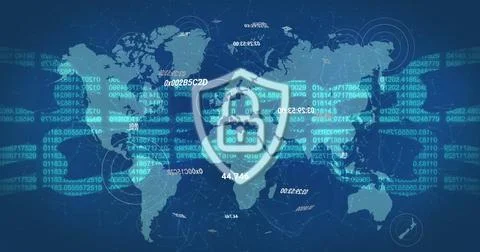 Image of clock chain and digital padlock over world map on navy background Stockfoto's