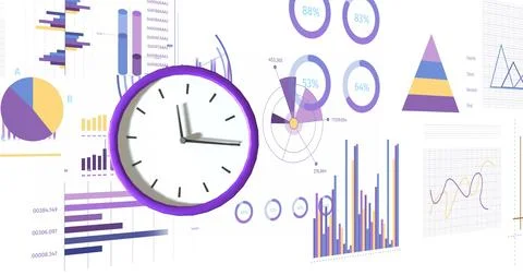Image of clock moving and data processing on white background 스톡 사진