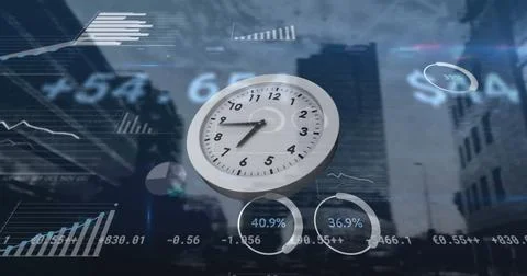 Image of clock moving fast and data processing over cityscape Stock Photos