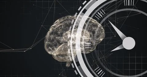 Image of clock moving over brain on black background Stock Illustration