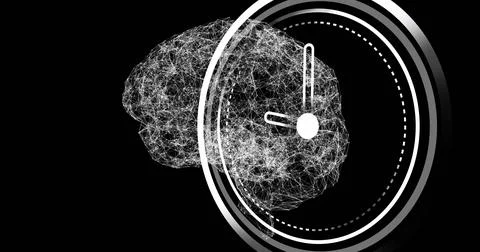 Image of clock moving over brain on black background Illustrazione stock