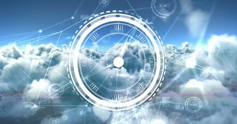 Image of clock moving over connections over clouds and sky 스톡 일러스트