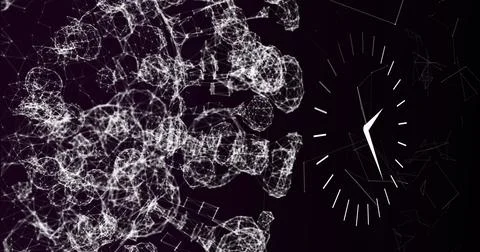 Image of clock moving over connections on black background Stock Photos