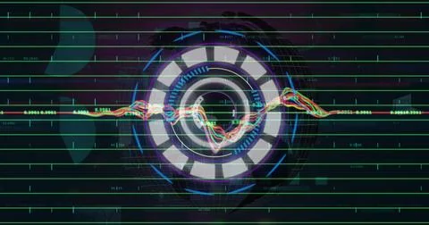 Image of clock moving over data processing on black background 스톡 사진