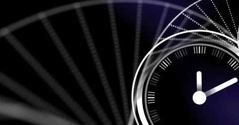 Image of clock moving over dna strand on black background Stock Photos