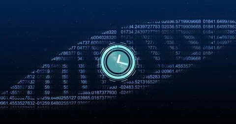 Image of clock moving over dna strand with binary coding on black background 스톡 사진