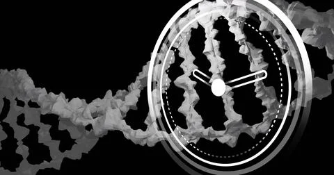 Image of clock moving over dna strand on black background Stock Photos