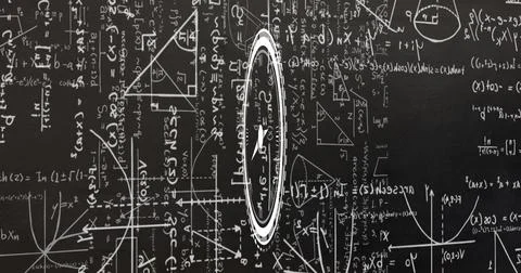 Image of clock moving over math formulas on black background 库存插图