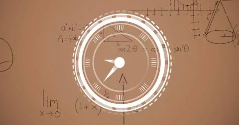 Image of clock moving over math formulas over beige background Stock Photos