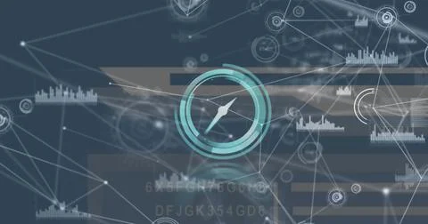 Image of clock moving over network of connections 스톡 일러스트