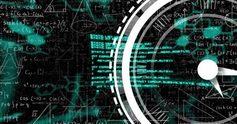 Image of clock moving over scientific data on black background 写真素材