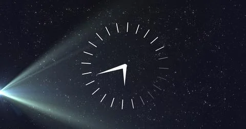 Image of clock moving over stars and light on black background Stock Illustration