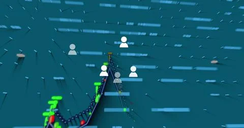 Image of clock over diverse data processing and spots on blue background Illustrazione stock