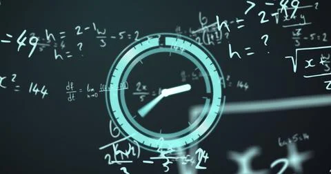 Image of clock over mathematical equations on green background Stock Illustration
