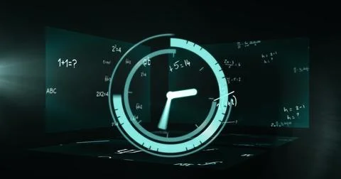 Image of clock over mathematical equations on screens over green background Illustrazione stock