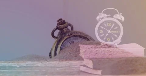 Image of clock over sand and timer Foto stock