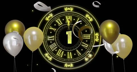 Image of clock showing midnight and gold and silver balloons on black background Stock Illustration