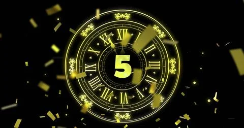 Image of clock showing midnight and fireworks exploding on black background Illustrazione stock