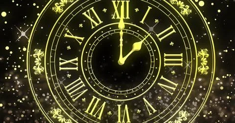 Image of clock showing midnight and fireworks exploding on black background Illustrazione stock