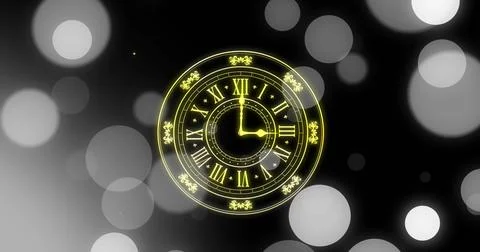 Image of clock showing midnight and spots of light on black background Stock Illustration