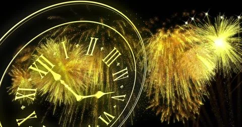 Image of clock showing midnight and fireworks exploding on black background イラスト素材