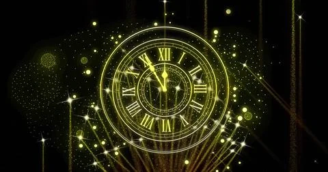 Image of clock showing midnight and fireworks exploding on black background Stockillustratie