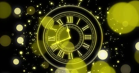 Image of clock showing midnight and spots of light on black background Stock Illustration