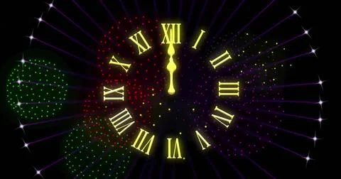 Image of clock showing midnight and fireworks exploding on black background イラスト素材