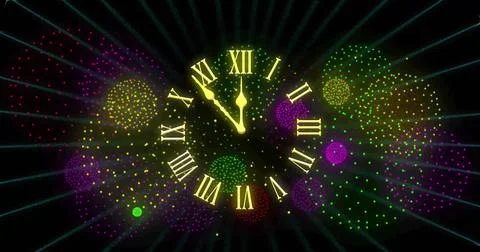 Image of clock showing midnight and fireworks exploding on black background Stock Illustration