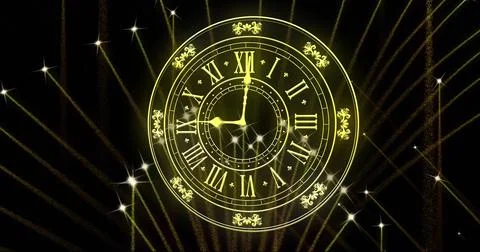 Image of clock showing midnight and fireworks exploding on black background Stock Illustration