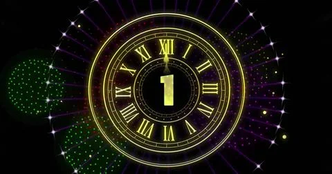 Image of clock showing midnight and fireworks exploding on black background Illustrazione stock