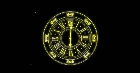 Image of clock showing midnight and fireworks exploding on black background Illustrazione stock