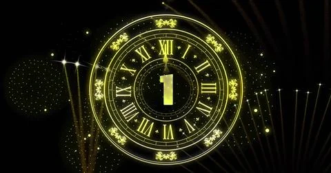 Image of clock showing midnight and fireworks exploding on black background 스톡 일러스트