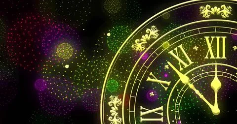 Image of clock showing midnight and fireworks exploding on black background Foto stock