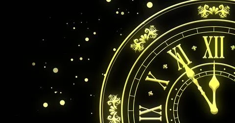 Image of clock showing midnight and fireworks exploding on black background 写真素材