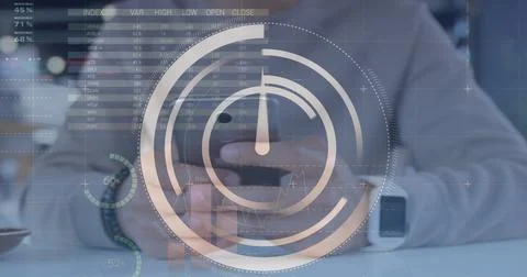 Image of clock, statistics and financial data processing over caucasian man 스톡 사진