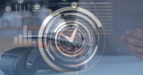 Image of clock, statistics and financial data processing over caucasian man Foto stock