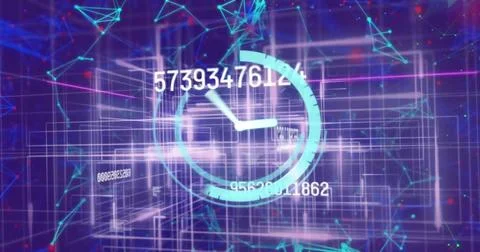 Image of clock ticking and data processing over glowing light trails イラスト素材
