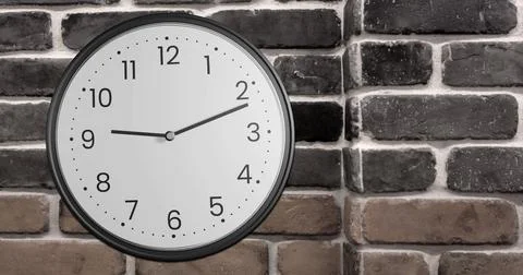 Image of clock ticking over brick wall background Stock Illustration